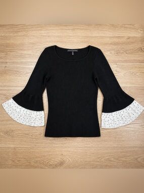 White House Black Market Black Ribbed Knit Sweater Polka Dot Ruffle Slee…